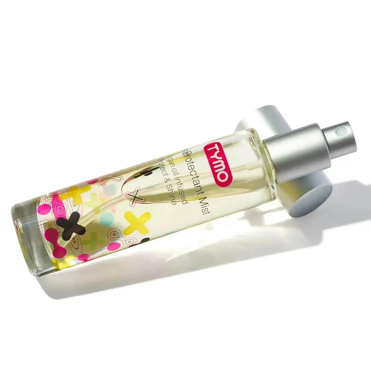 Side view of TYMO Heat Protectant Mist with playful graphic elements on the bottle.