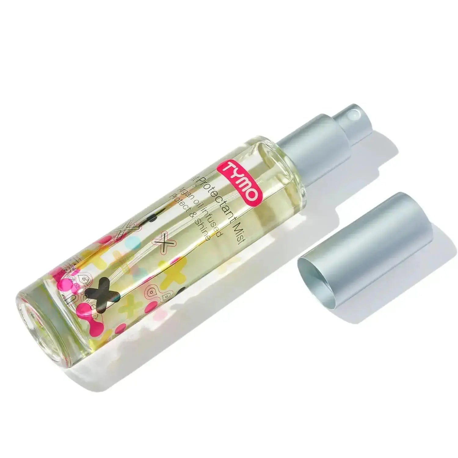 TYMO Heat Protectant Mist bottle on a white background, cap removed to show spray nozzle.