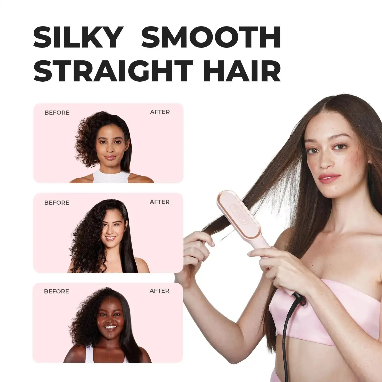 Before and after comparison using TYMO RING PINK hair straightener brush on different hair types.