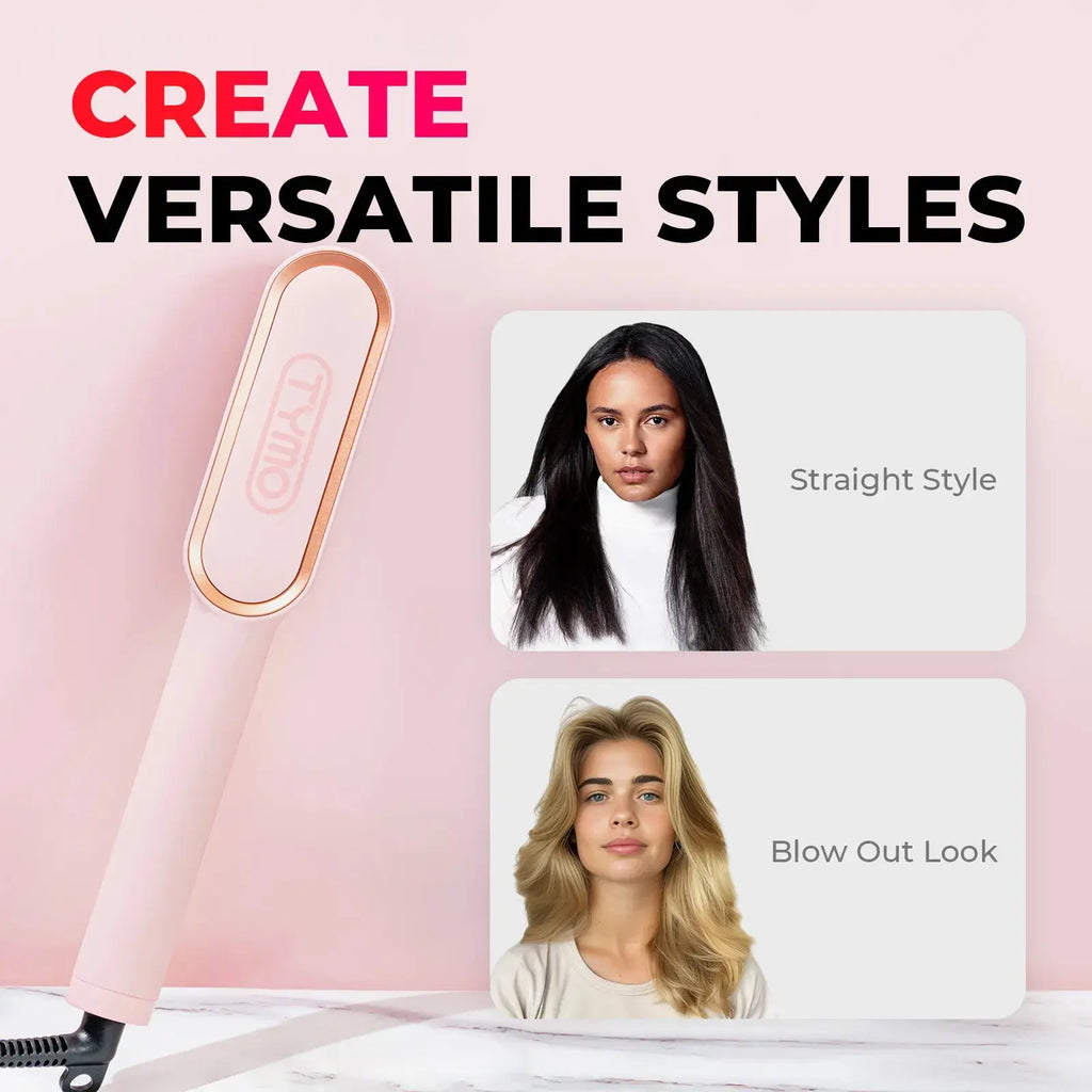 TYMO RING PINK hair straightener demonstrates its versatility by creating multiple hairstyles from straight to blow out looks.