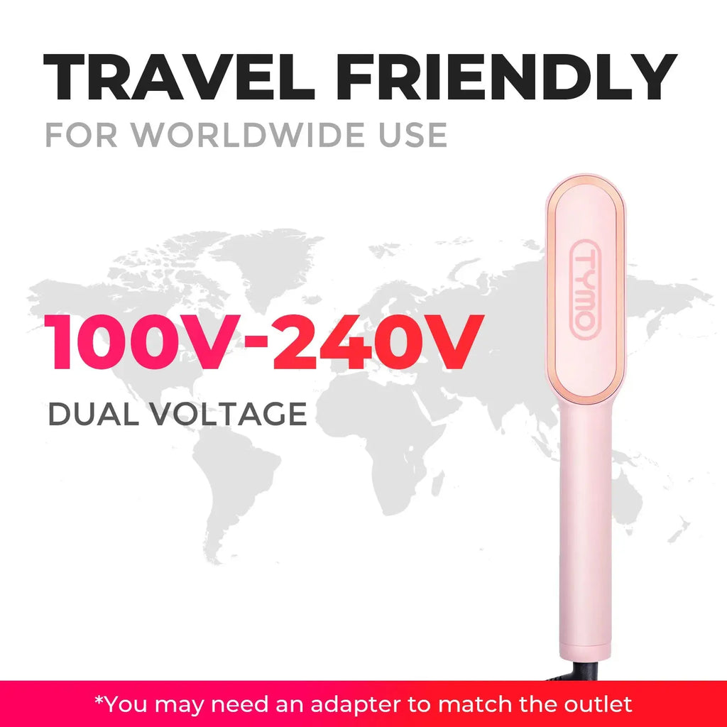 TYMO RING PINK hair straightener brush is highlighted for its travel-friendly design with dual voltage capability.