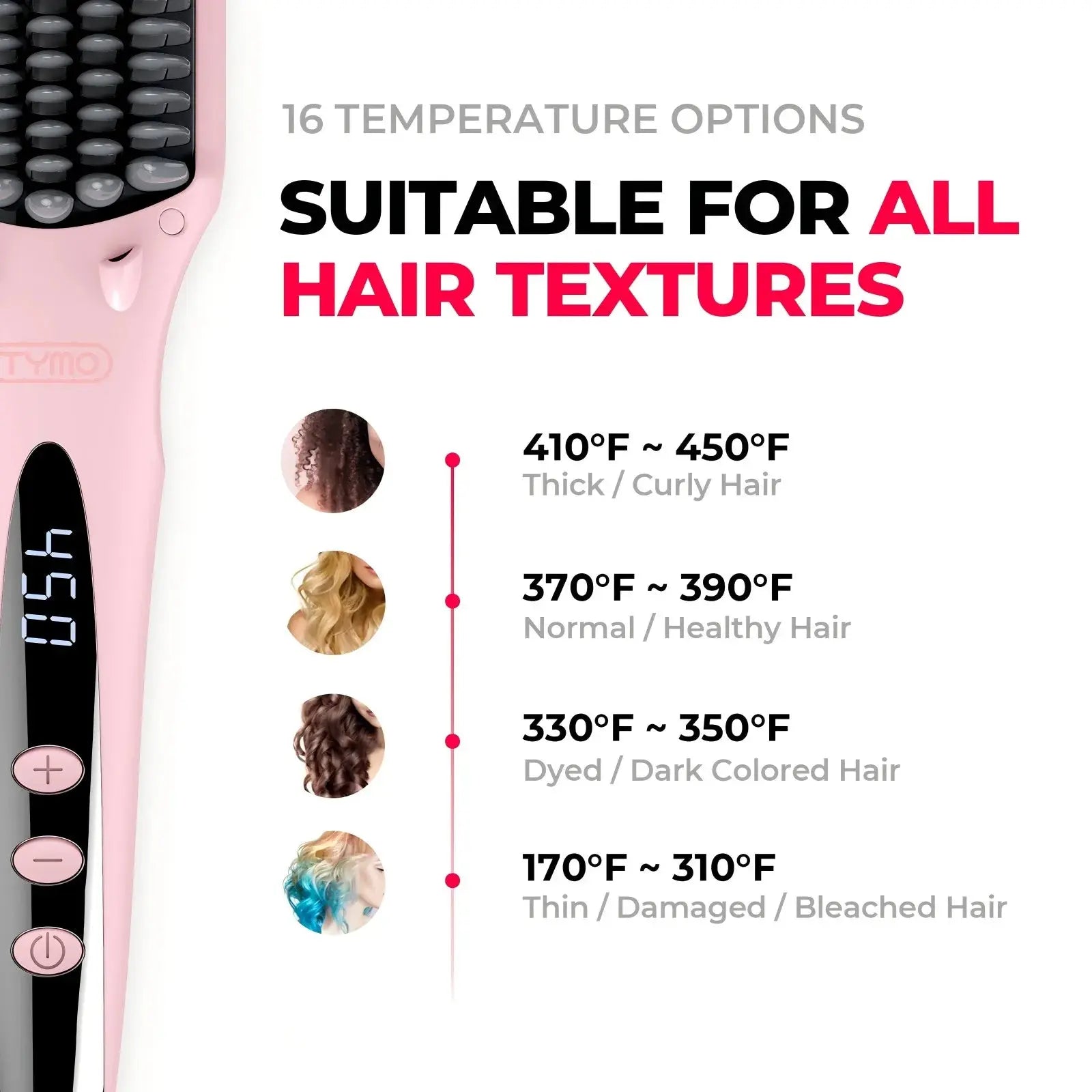 TYMO iONIC PINK hairbrush straightener offers 16 temperature settings to suit all hair textures, including curly, dyed, and damaged hair.