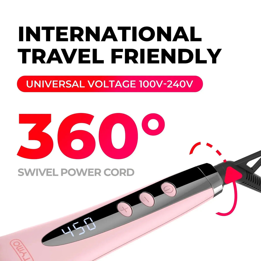 TYMO iONIC PINK hairbrush straightener has a 360° swivel power cord and universal voltage (100V-240V), perfect for travel.