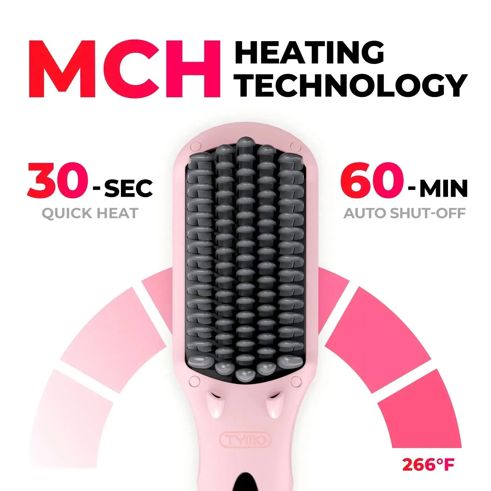 TYMO iONIC PINK hairbrush straightener uses MCH heating technology to achieve 30-second quick heat and 60-minute auto shut-off.