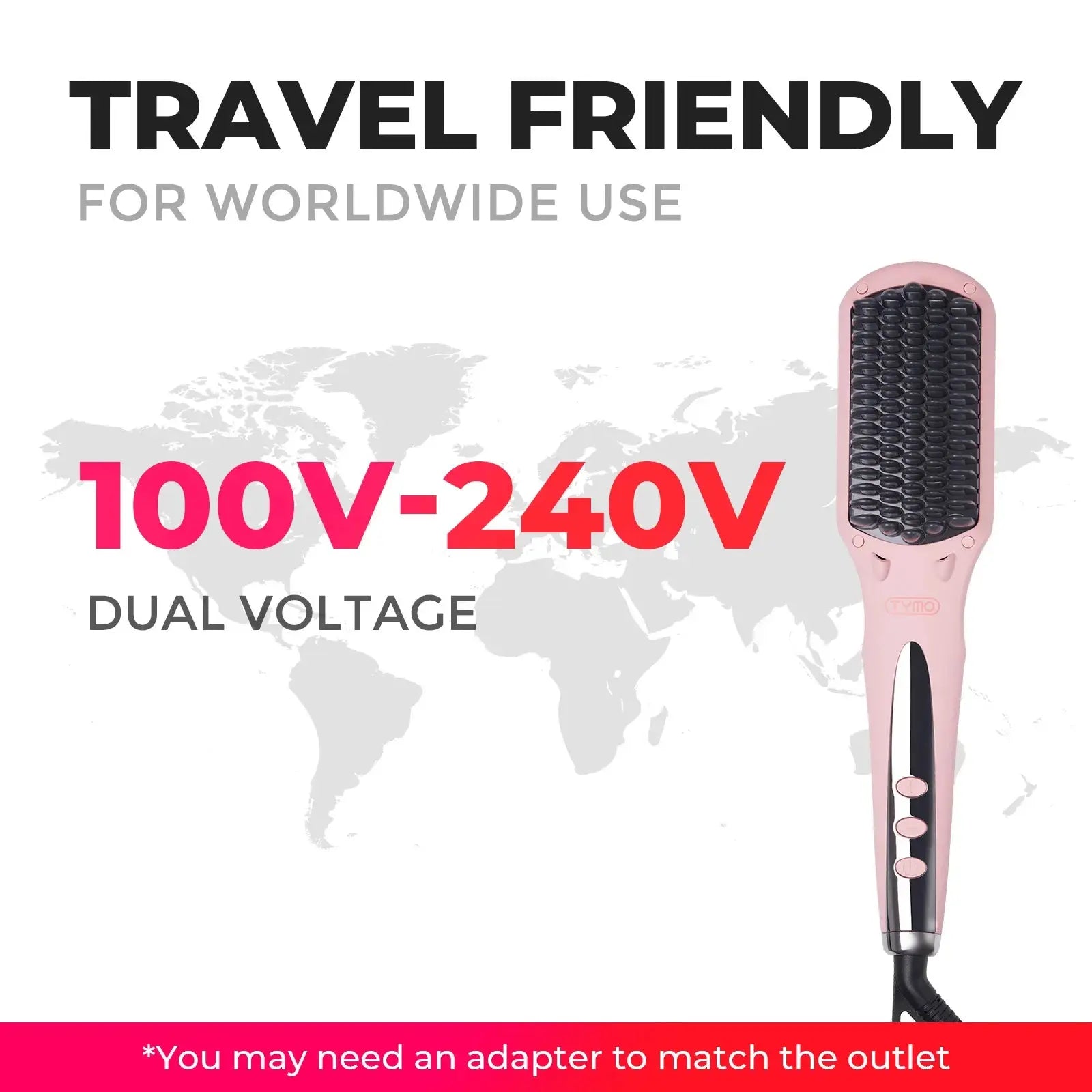 Universal dual voltage TYMO iONIC PINK hair straightener, perfect for global travel, compatible with 100V-240V.