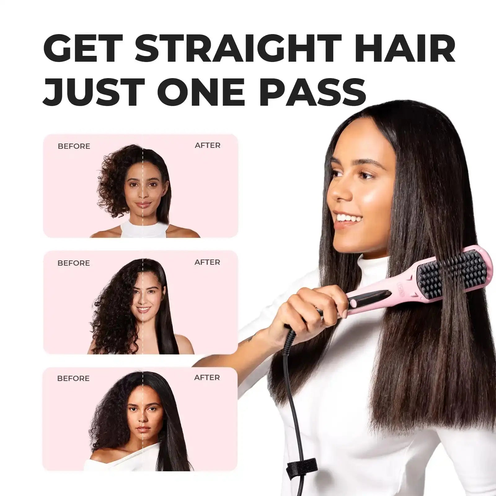 TYMO iONIC PINK hairbrush straightener transforms coarse, messy hair into smooth, sleek strands in just one pass.