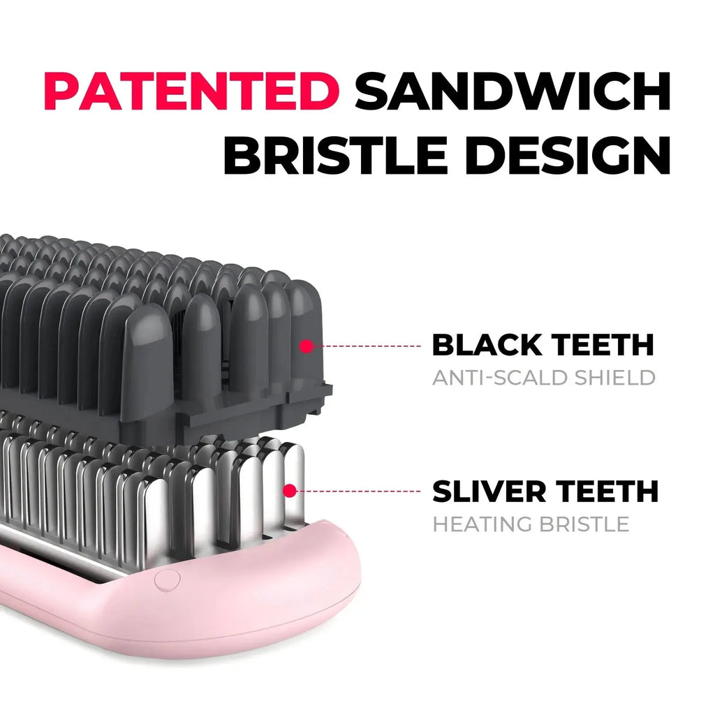 TYMO iONIC PINK hairbrush straightener includes a patented sandwich bristle design, with anti-scald black teeth and heating silver teeth.