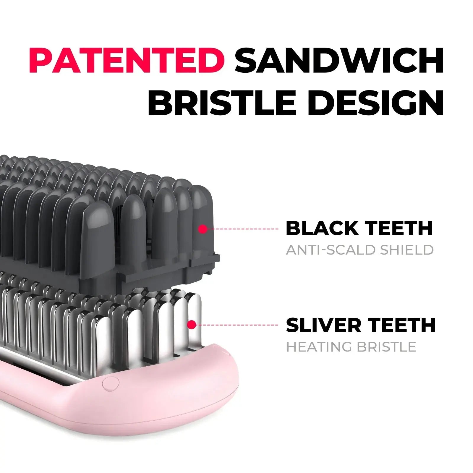 TYMO iONIC PINK hairbrush straightener includes a patented sandwich bristle design, with anti-scald black teeth and heating silver teeth.