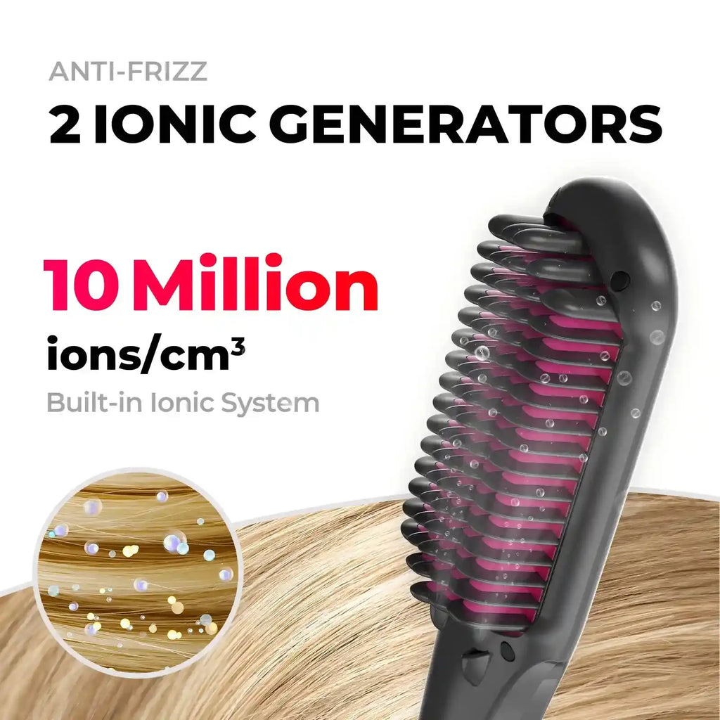 TYMO iONIC hair brush with 2 ionic generators to reduce frizz and enhance shine.