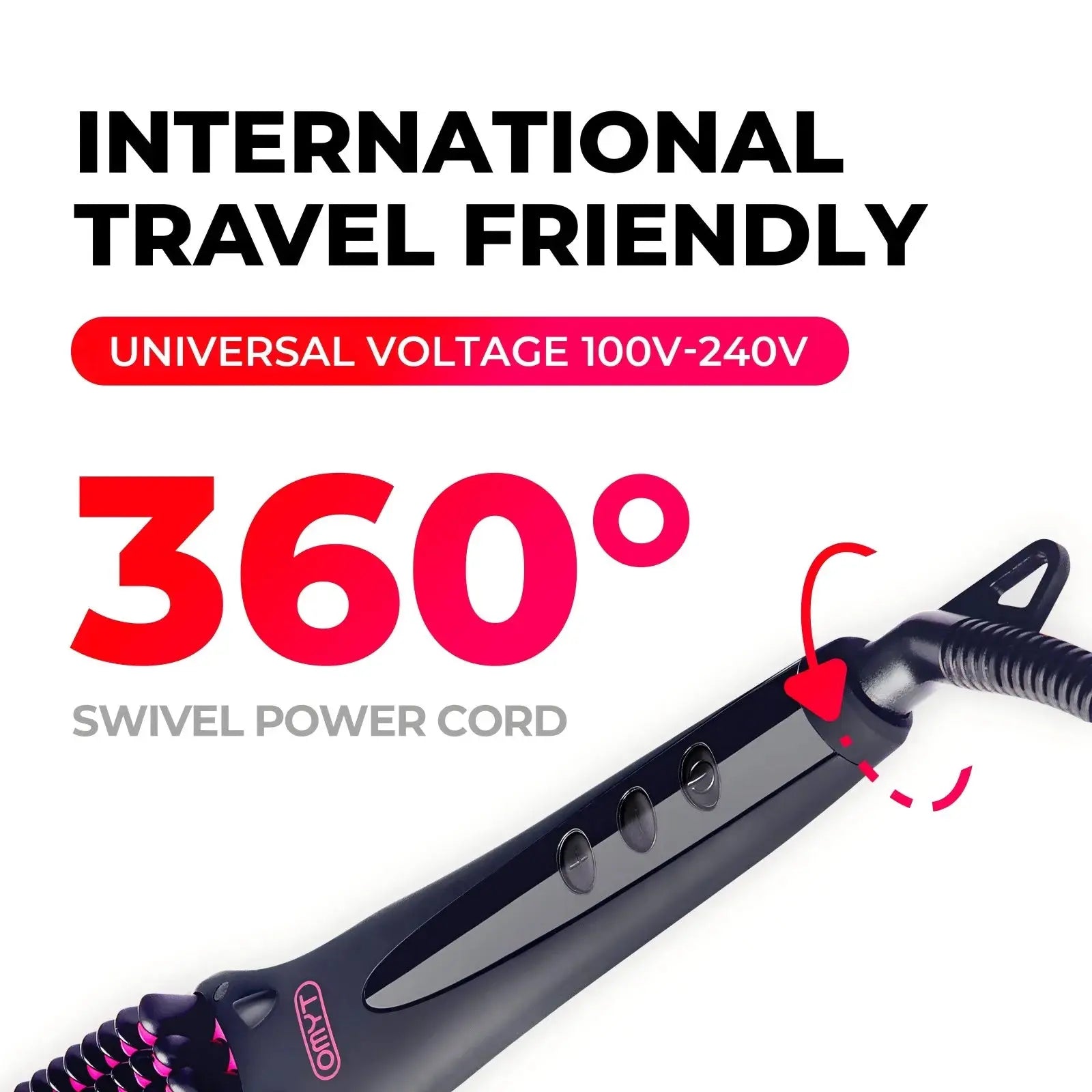 TYMO iONIC hair styling tool with 360° swivel power cord and universal voltage, designed for effortless styling and convenient use worldwide.