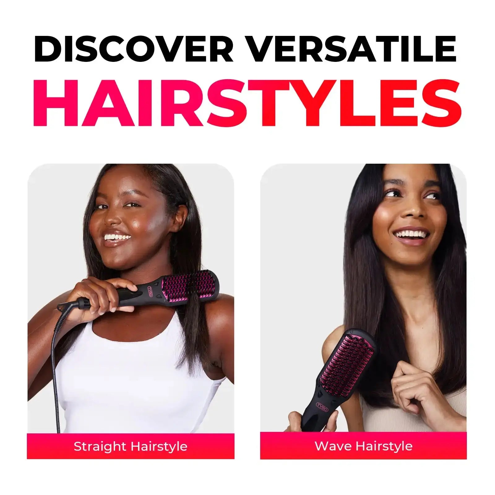 Women using TYMO iONIC straightening brush to create straight and wavy hairstyles, demonstrating its versatility.