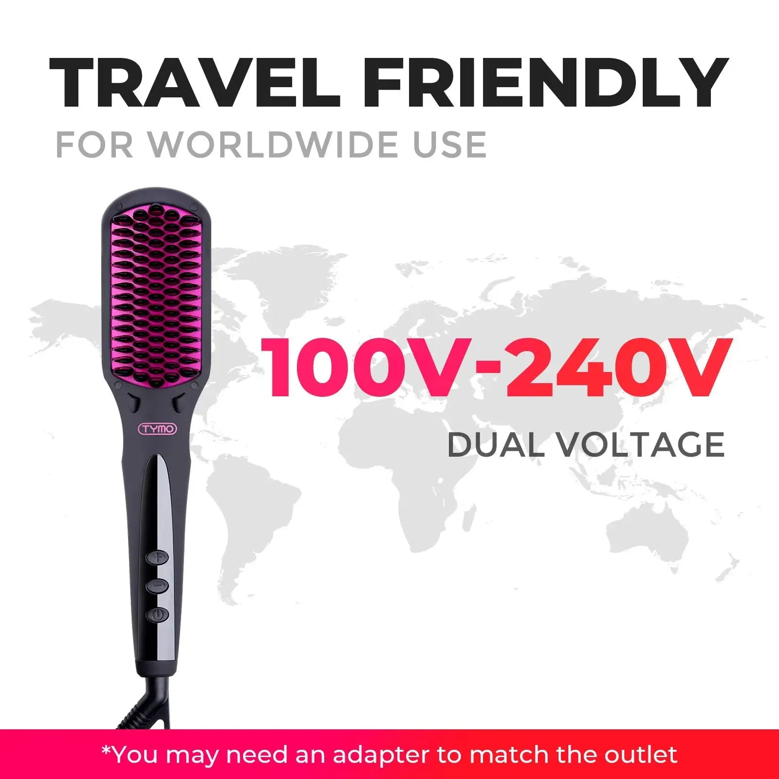 TYMO iONIC hair straightener with dual voltage (100V-240V), ideal for international travel.