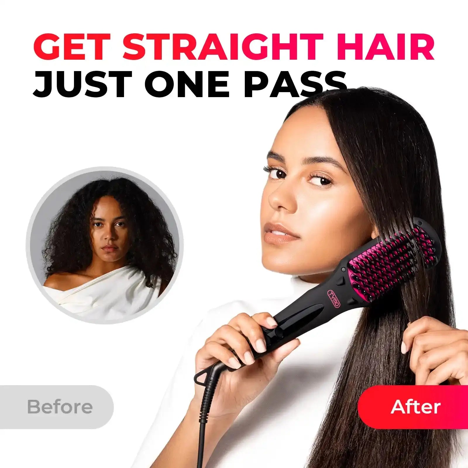 A woman achieving straight hair with the TYMO iONIC hair straightening brush in just one pass, shown with before and after comparison.