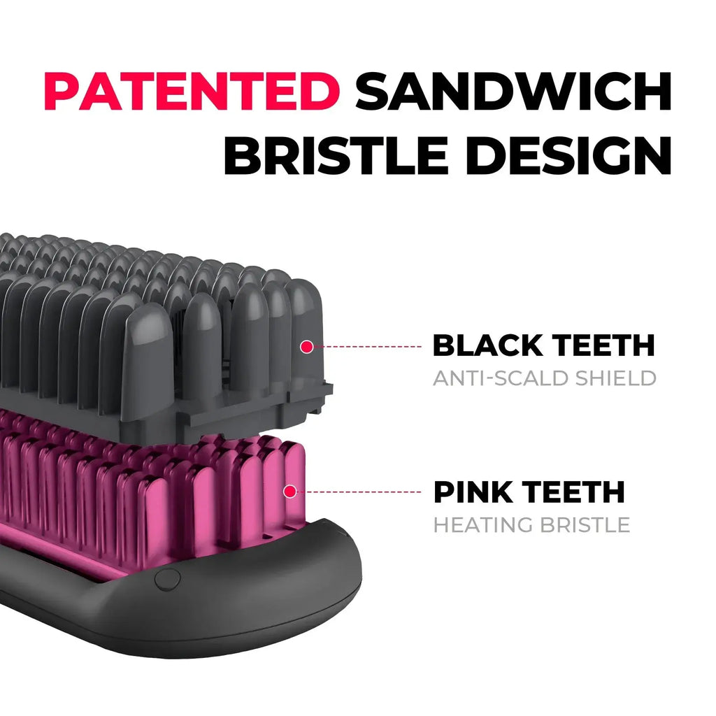 TYMO iONIC hair straightening brush designed with patented sandwich bristles for anti-scald protection and efficient heating.