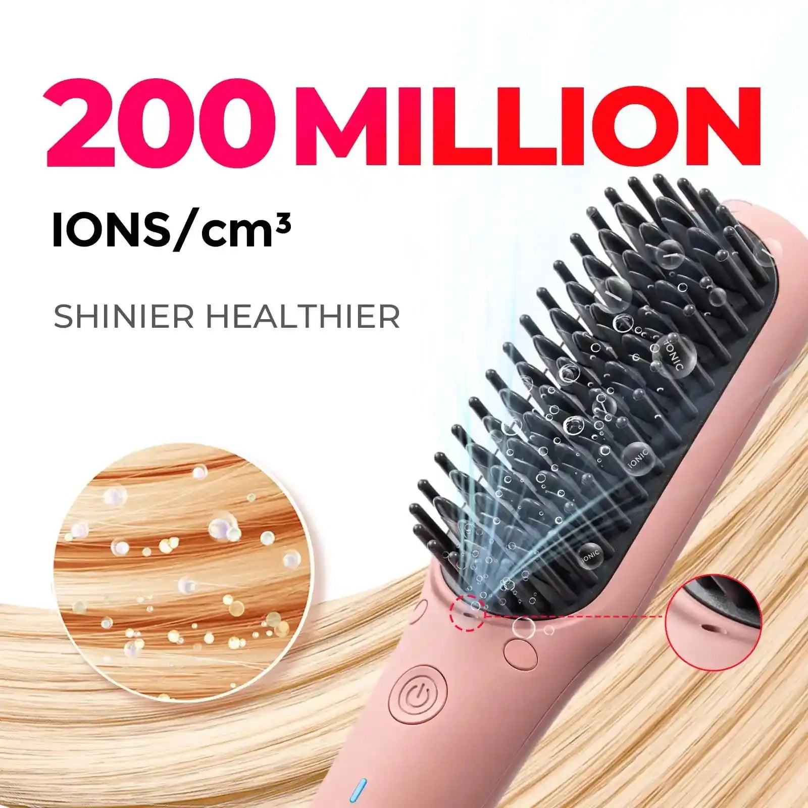 TYMO iONIC MINI PINK heat hair brush emits 200 million ions, visibly enhancing hair shine and health.