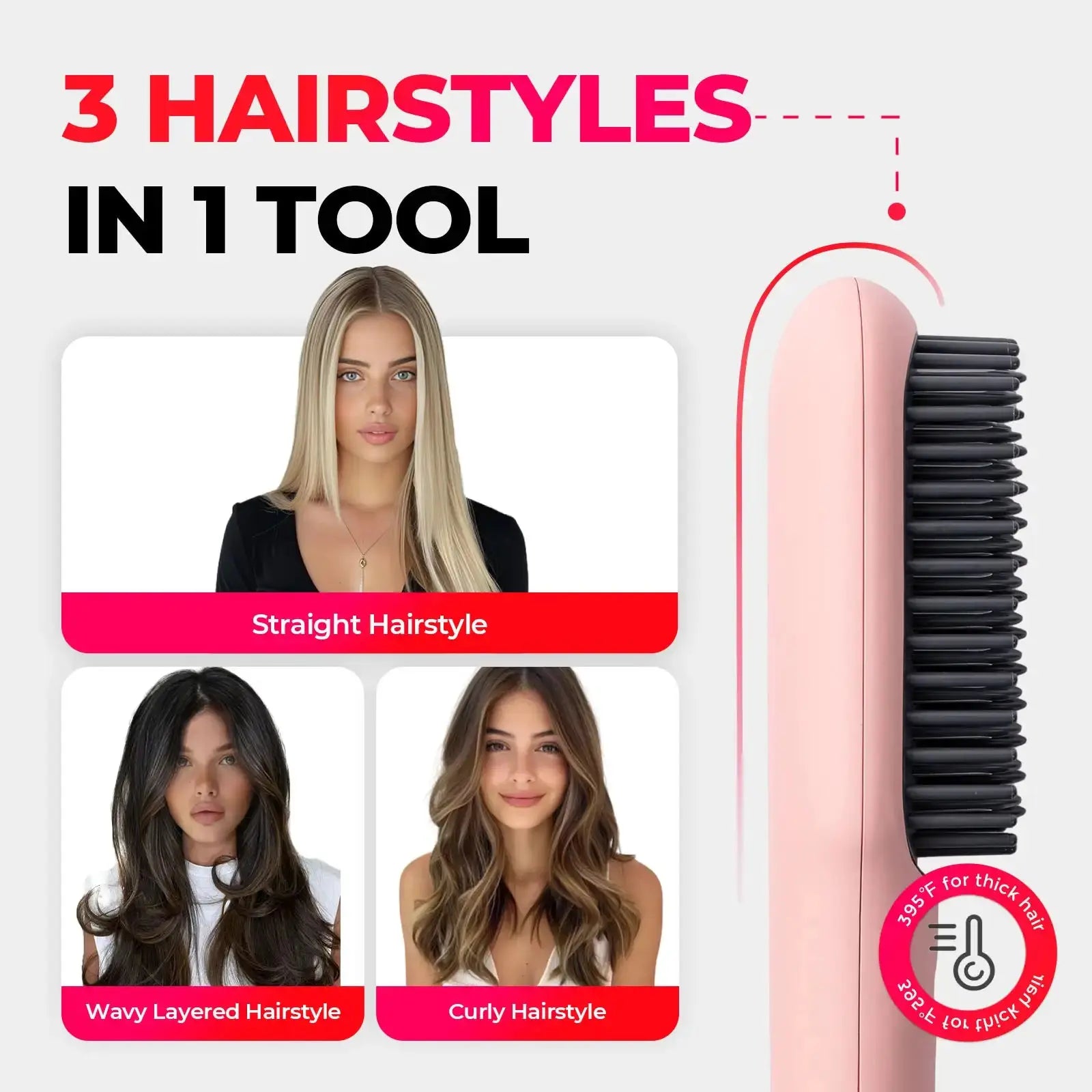Three diverse hairstyles are achieved using the versatile TYMO iONIC MINI PINK, highlighting its styling flexibility.