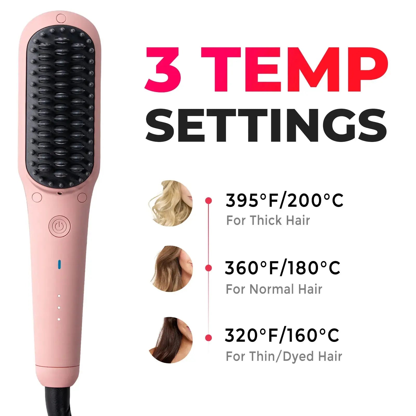 TYMO iONIC MINI PINK mini heat brush featuring three temperature settings for various hair types, from thick to thin.