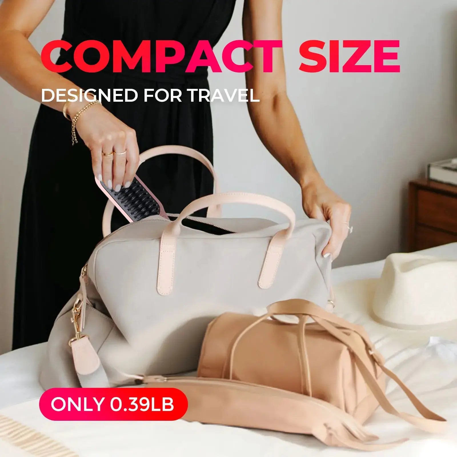Woman effortlessly fits the compact TYMO iONIC MINI PINK in her stylish travel bag, showcasing the lightweight design perfect for travel.