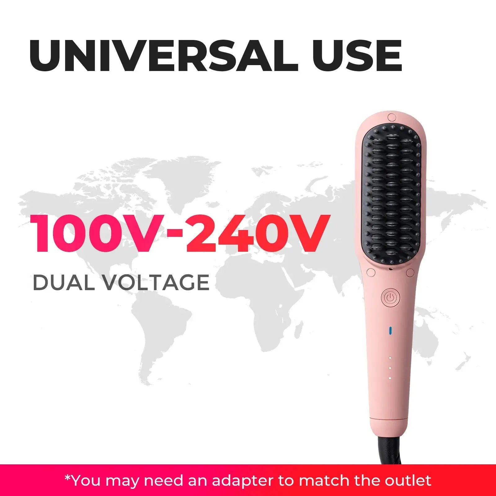 Universal dual voltage TYMO iONIC MINI PINK hair straightener, perfect for global travel, compatible with 100V-240V.