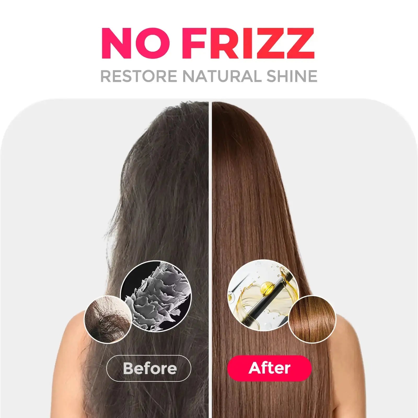 TYMO iONIC MINI PINK ceramic hair brush displaying frizz control before and after results, enhancing natural hair shine.