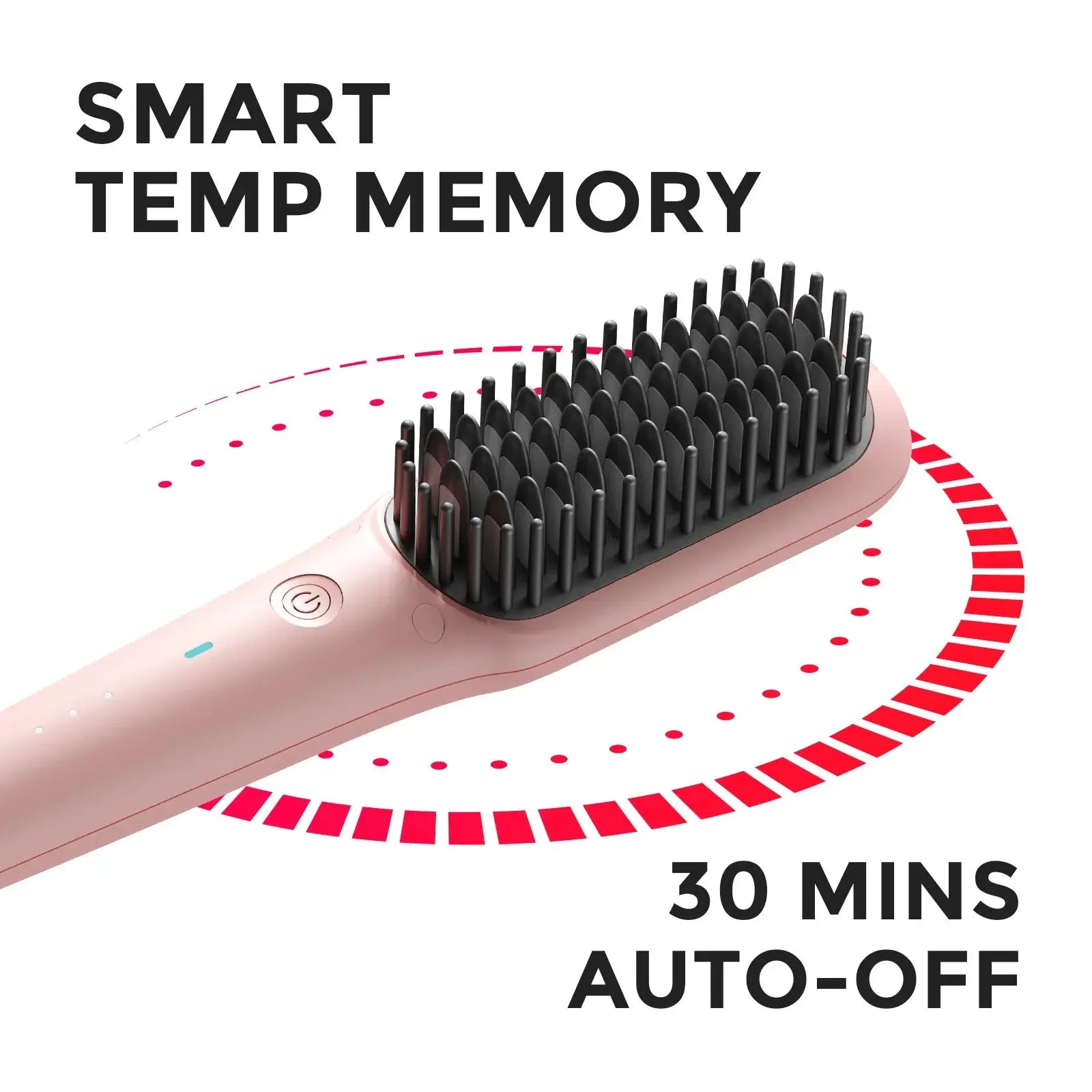 Smart temperature memory and auto-off function on TYMO iONIC MINI PINK, showcasing the pink ceramic hair brush design for safe styling.