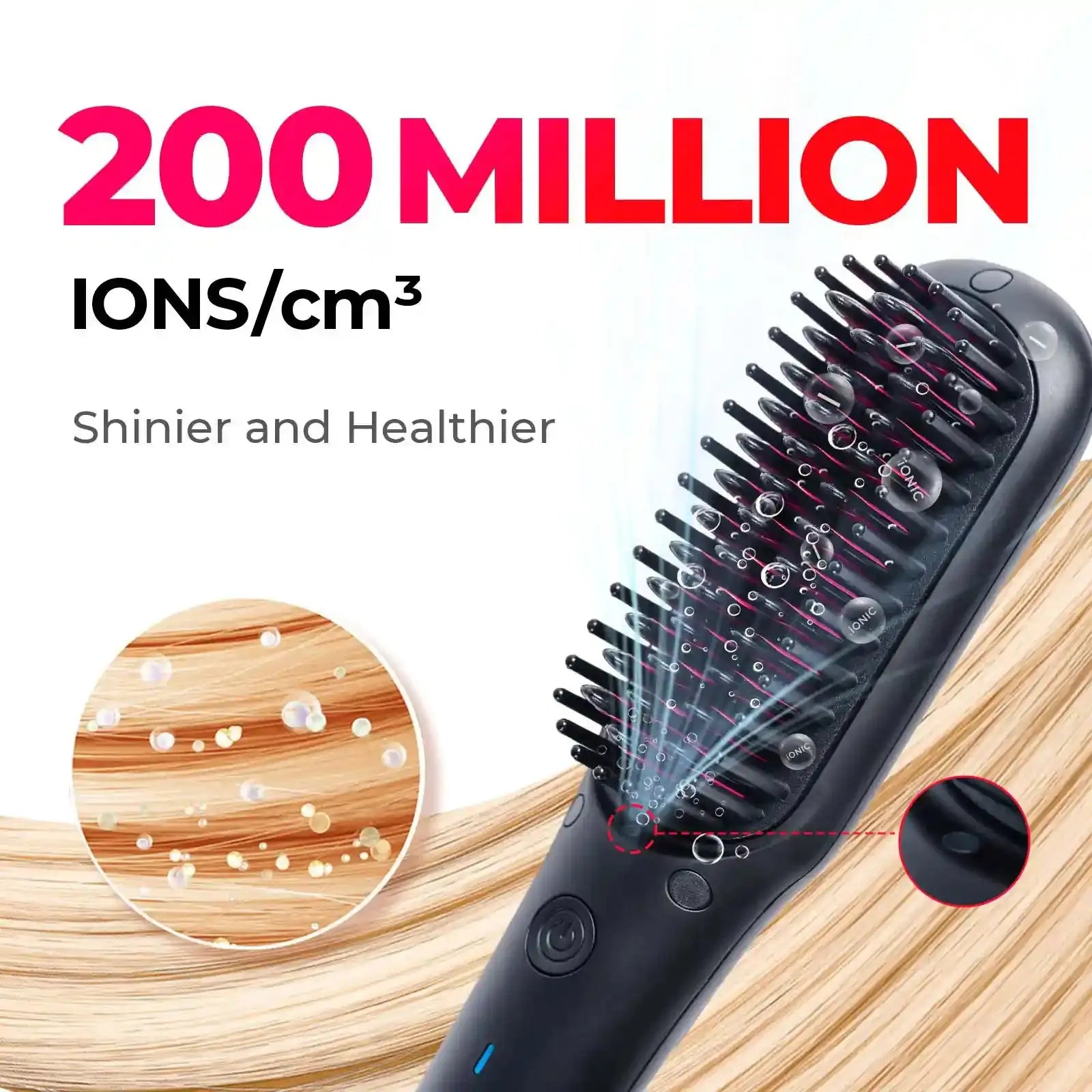TYMO iONIC MINI travel hair brush emitting 200 million ions/cm³ for shinier, healthier hair.