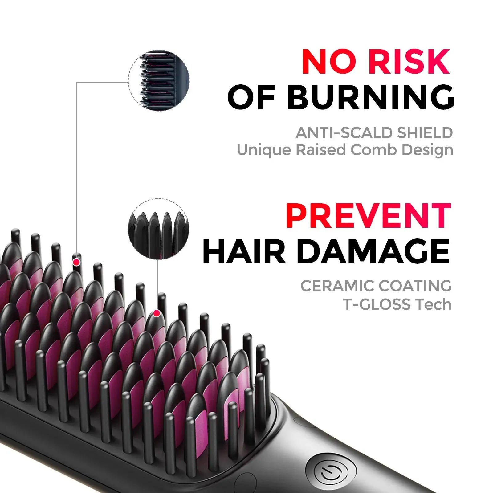 TYMO iONIC MINI travel hair straightening brush with anti-scald shield and ceramic coating for hair protection.