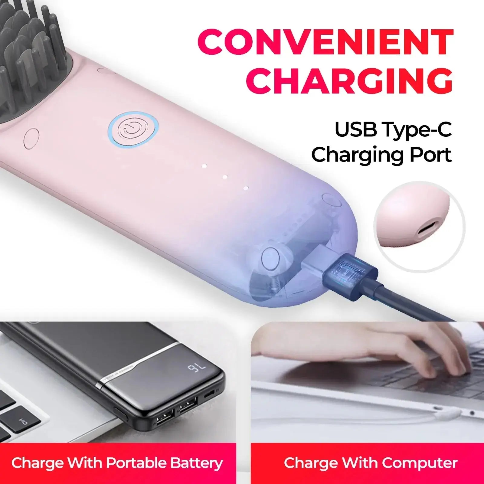 TYMO PORTA PINK wireless hair straightener with USB Type-C charging port, illustrating its convenient charging options.