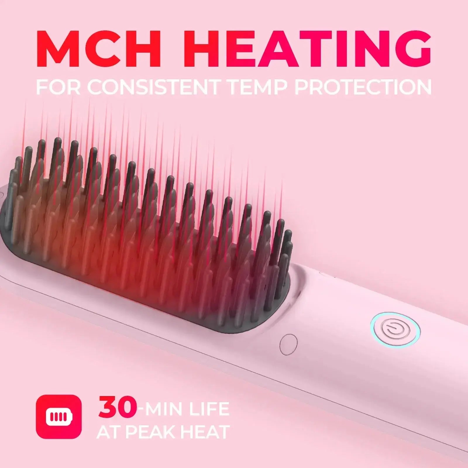 TYMO PORTA PINK wireless hair straightener with MCH heating for consistent temperature protection, ensuring 30 minutes of peak heat.