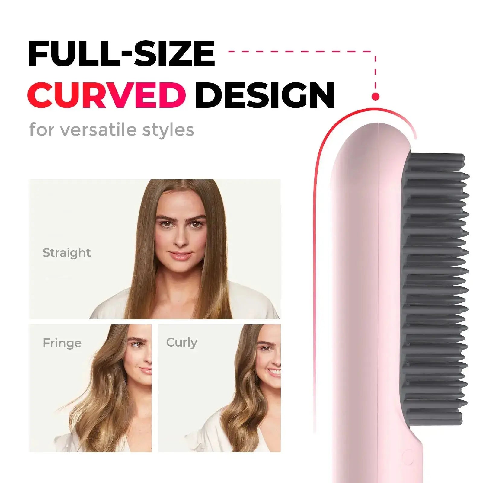 TYMO PORTA PINK wireless hair straightener with full-size curved design for versatile styling, showing results for straight, blowout, and curly hairstyles.