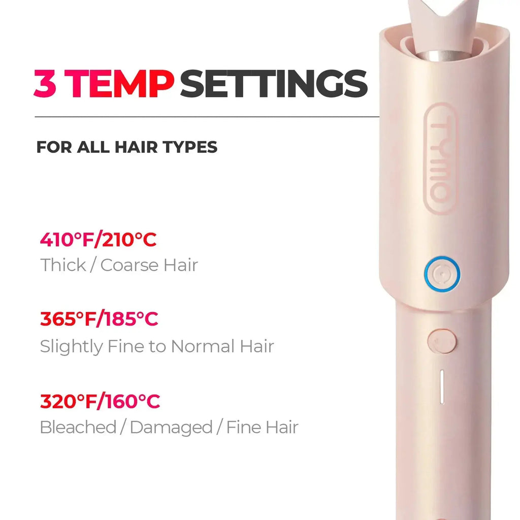 TYMO CURLGO curling iron with three temperature settings for different hair types.