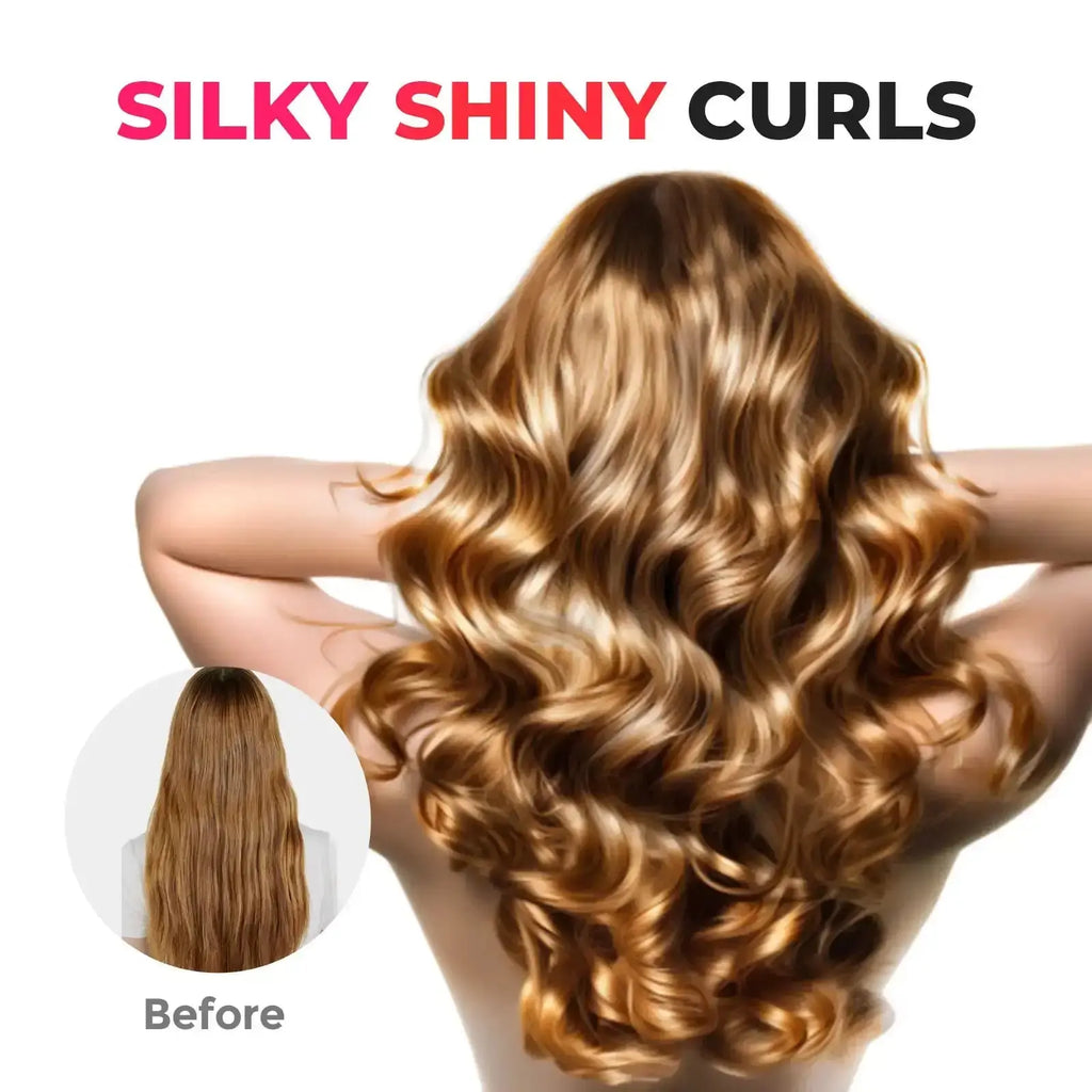 Comparison of before and after using TYMO CURLGO PINK, highlighting silky shiny curls achieved effortlessly.
