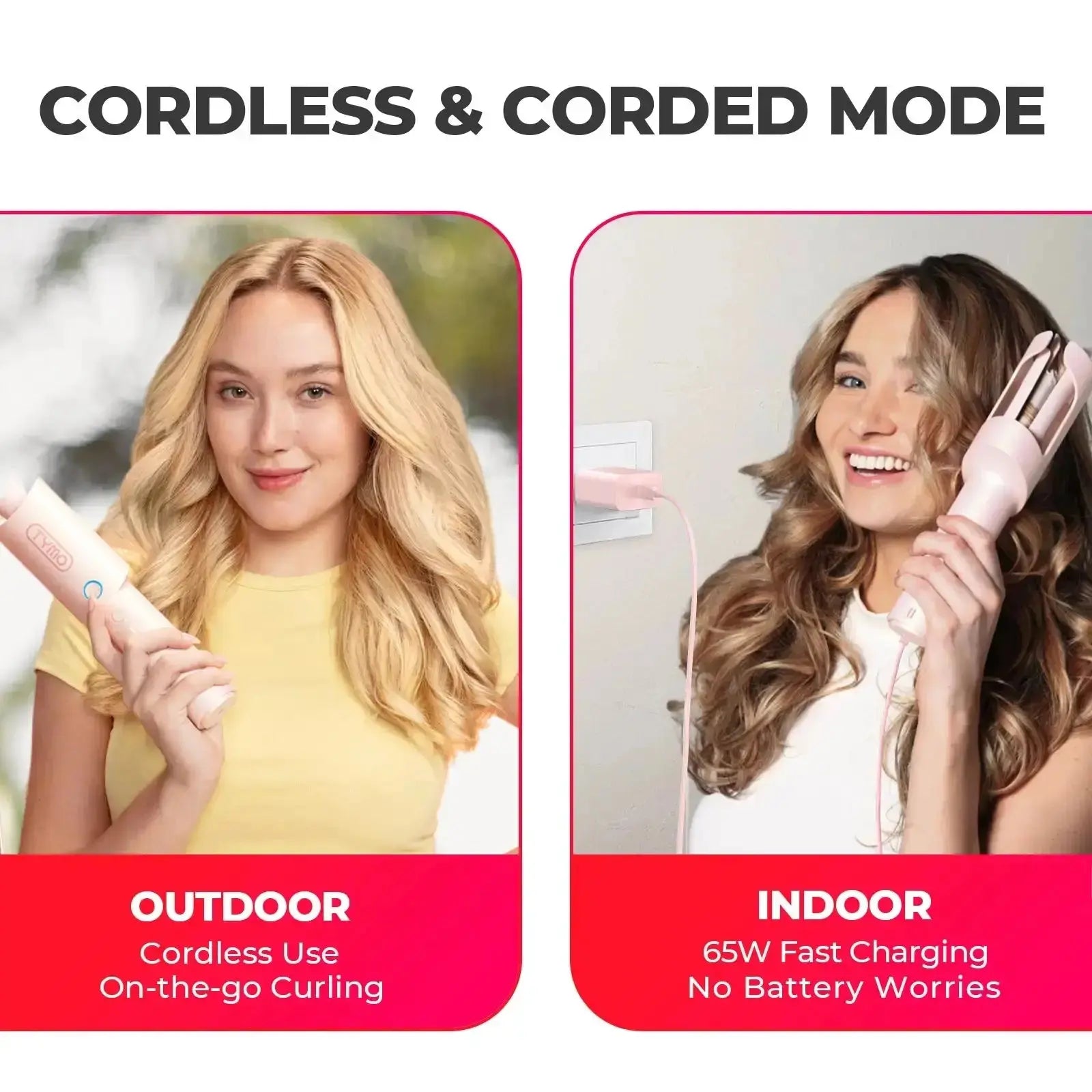 TYMO CURLGO cordless curling iron in use outdoors and indoors, demonstrating versatility with 65W fast charging and no battery worries.