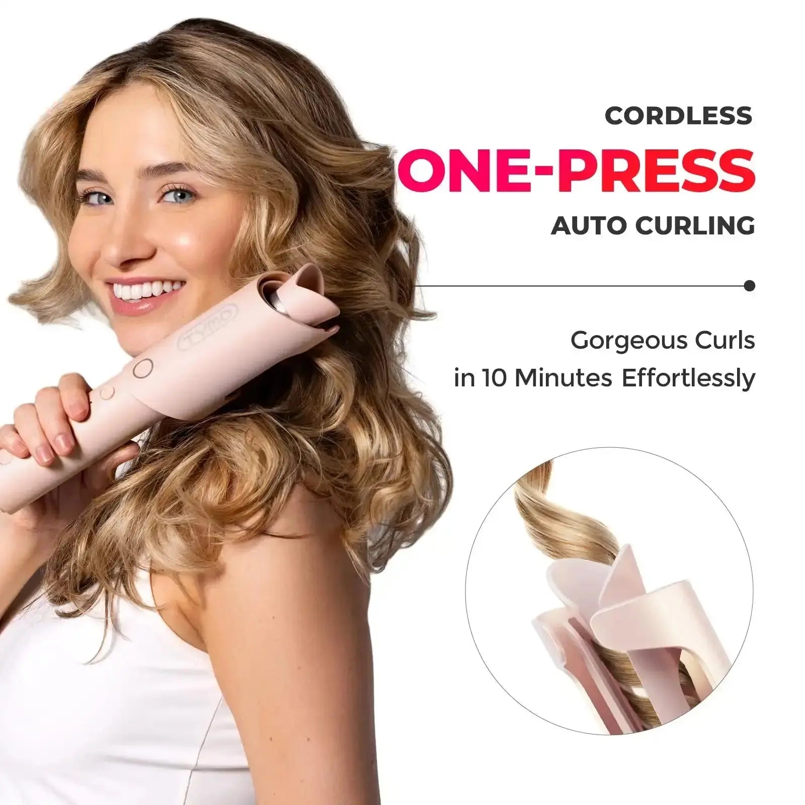 Woman smiling while using the TYMO CURLGO cordless curling iron, showcasing easy one-press auto curling for beautiful curls in 10 minutes.