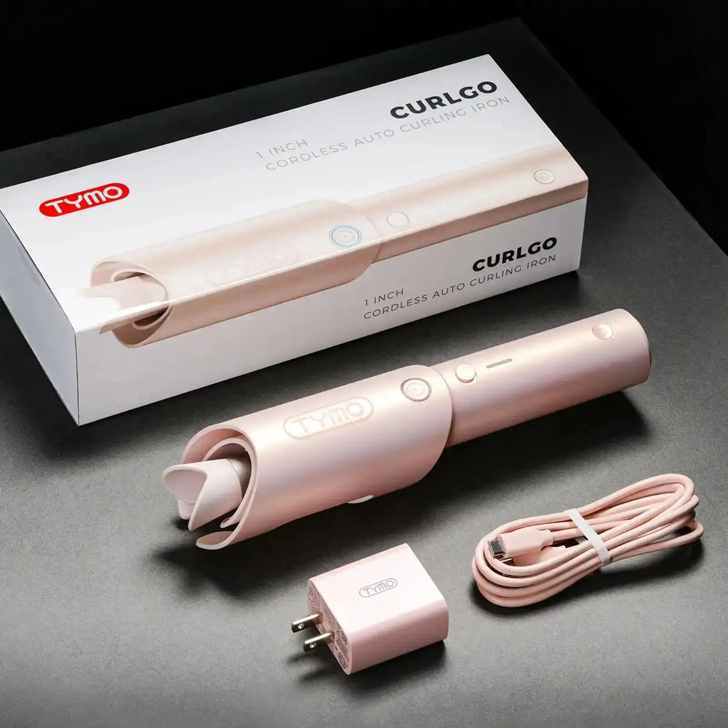 Packaging of TYMO CURLGO cordless curling iron, highlighting the sleek design and included items such as a charging cable and plug.