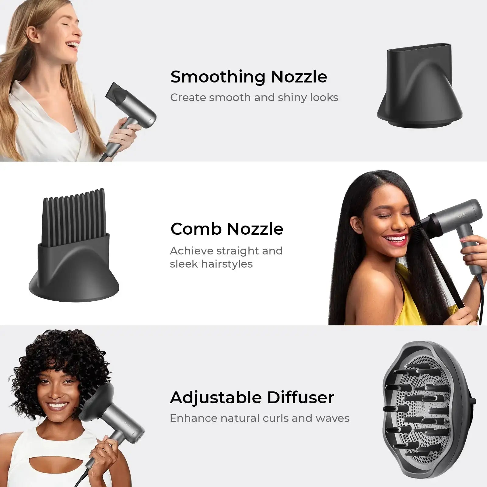 TYMO AIRHYPE LITE 3 NOZZLES high speed blow dryer, with comb nozzle, smoothing nozzle, and curls diffuser match your all salon results at home.