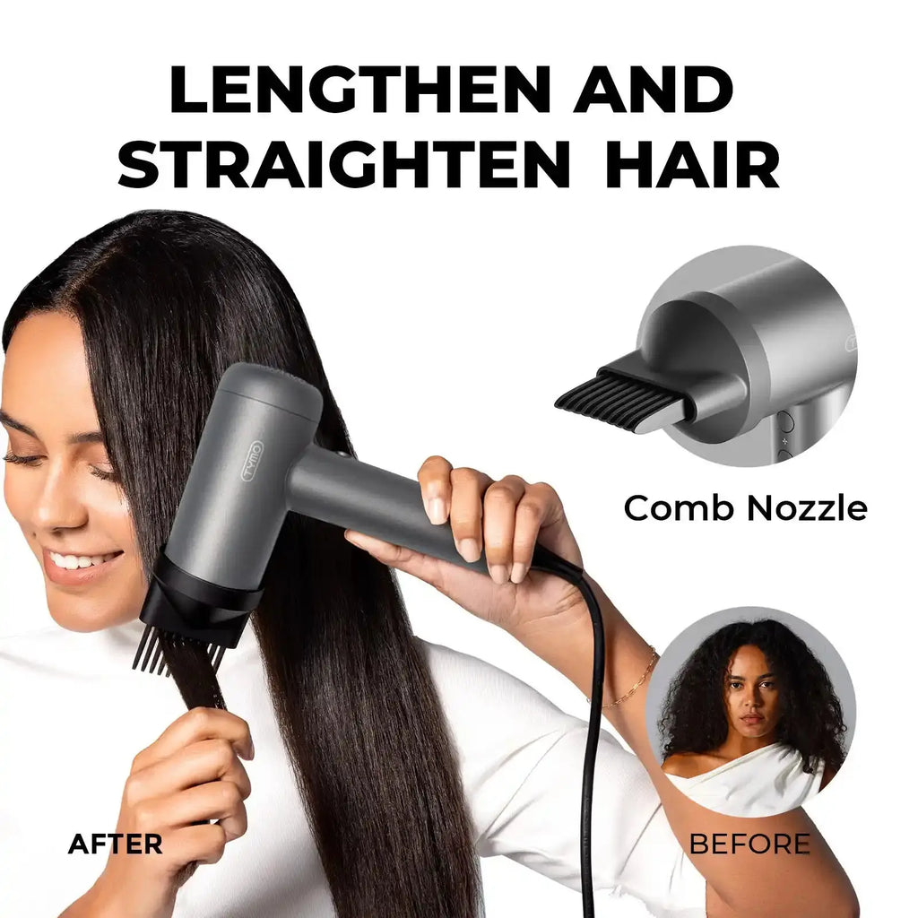 TYMO AIRHYPE LITE 3 NOZZLES high-speed blow dryer with comb attachment will lengthen and straighten your hair easily.