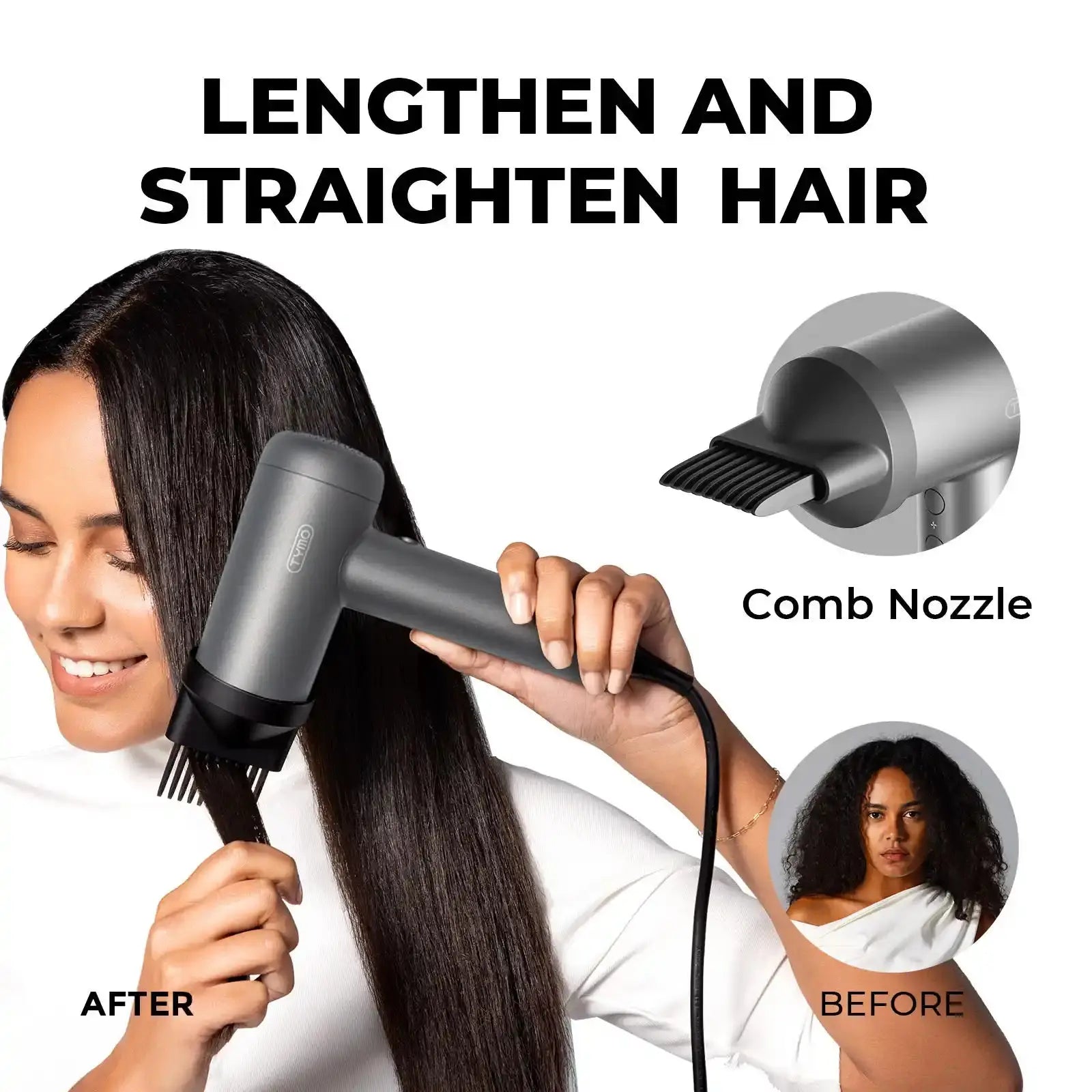 TYMO AIRHYPE LITE 3 NOZZLES high-speed blow dryer with comb attachment will lengthen and straighten your hair easily.