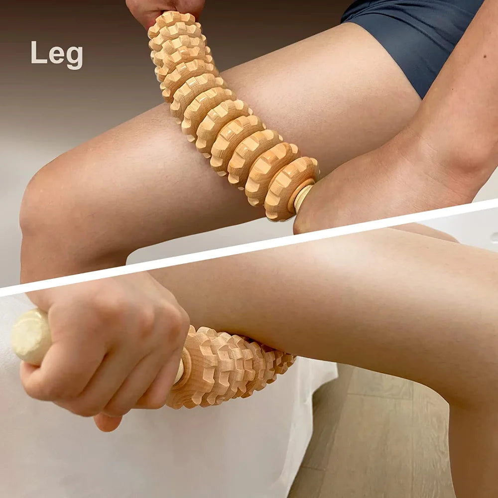 Body Fascia Massager Anti-slip Handle Wood Grooved Gear Arms Legs Thighs Buttocks Smooth Roller Massager for Back Relaxation