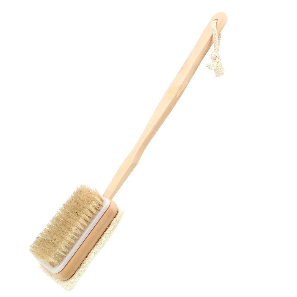 Body Back Cleaning Brush Skin Cuticle Grease Remove Wooden Handle Loofah Bristle Both Side Bath Brush Massage Shower Bath Sponge