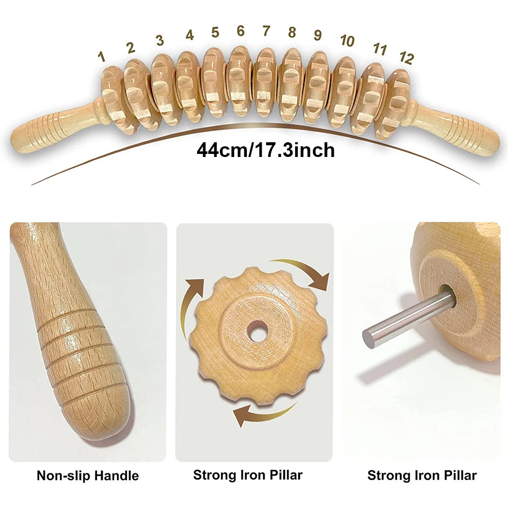 Body Fascia Massager Anti-slip Handle Wood Grooved Gear Arms Legs Thighs Buttocks Smooth Roller Massager for Back Relaxation