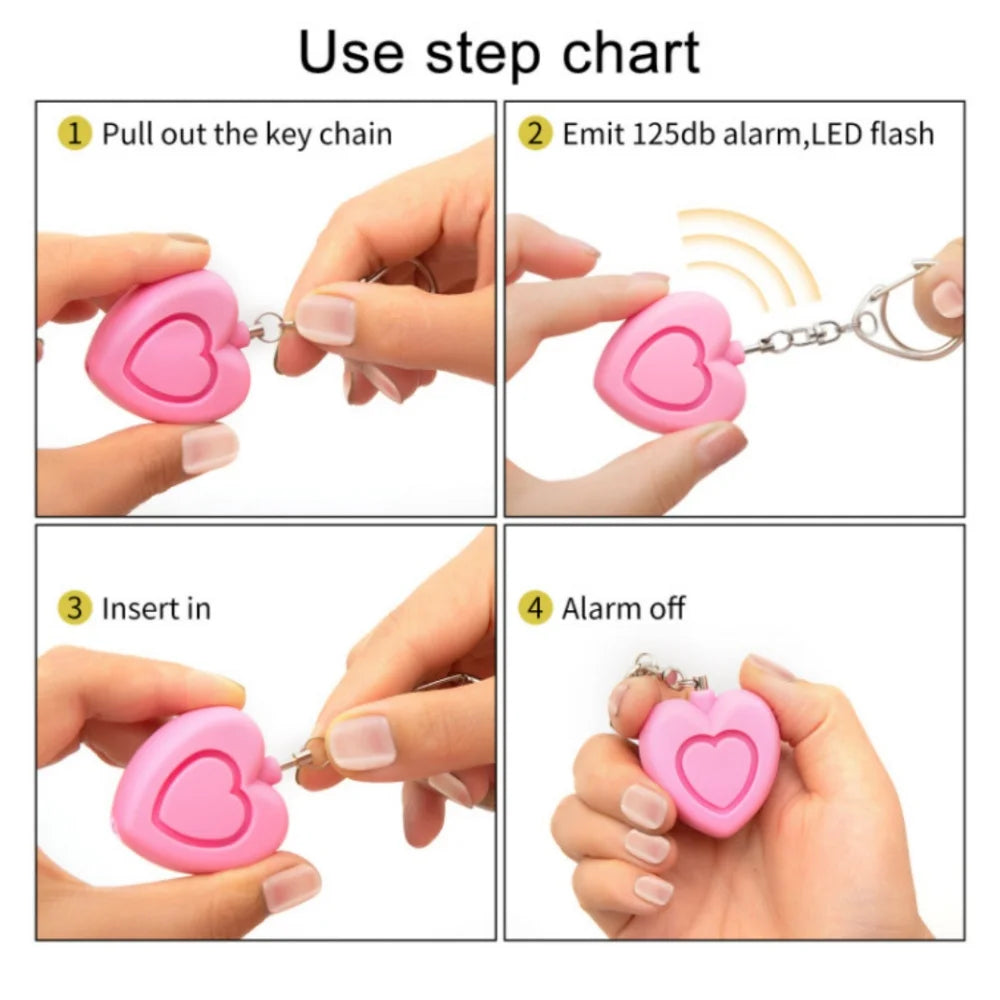 Security Defense Alarm 125dB LED Light Keychain Self Defense Emergency Safety Heart Shape Personal Security for Older Women