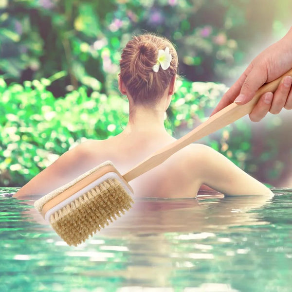 Body Back Cleaning Brush Skin Cuticle Grease Remove Wooden Handle Loofah Bristle Both Side Bath Brush Massage Shower Bath Sponge