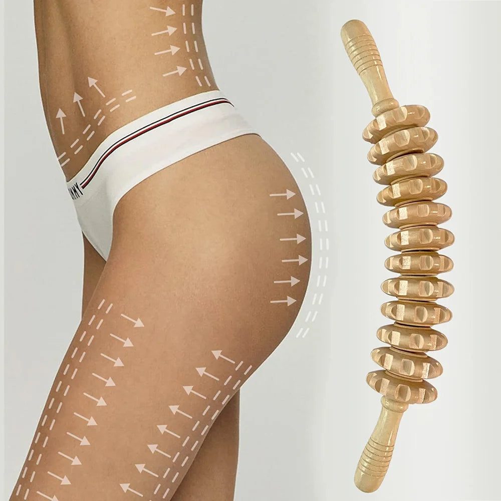Body Fascia Massager Anti-slip Handle Wood Grooved Gear Arms Legs Thighs Buttocks Smooth Roller Massager for Back Relaxation
