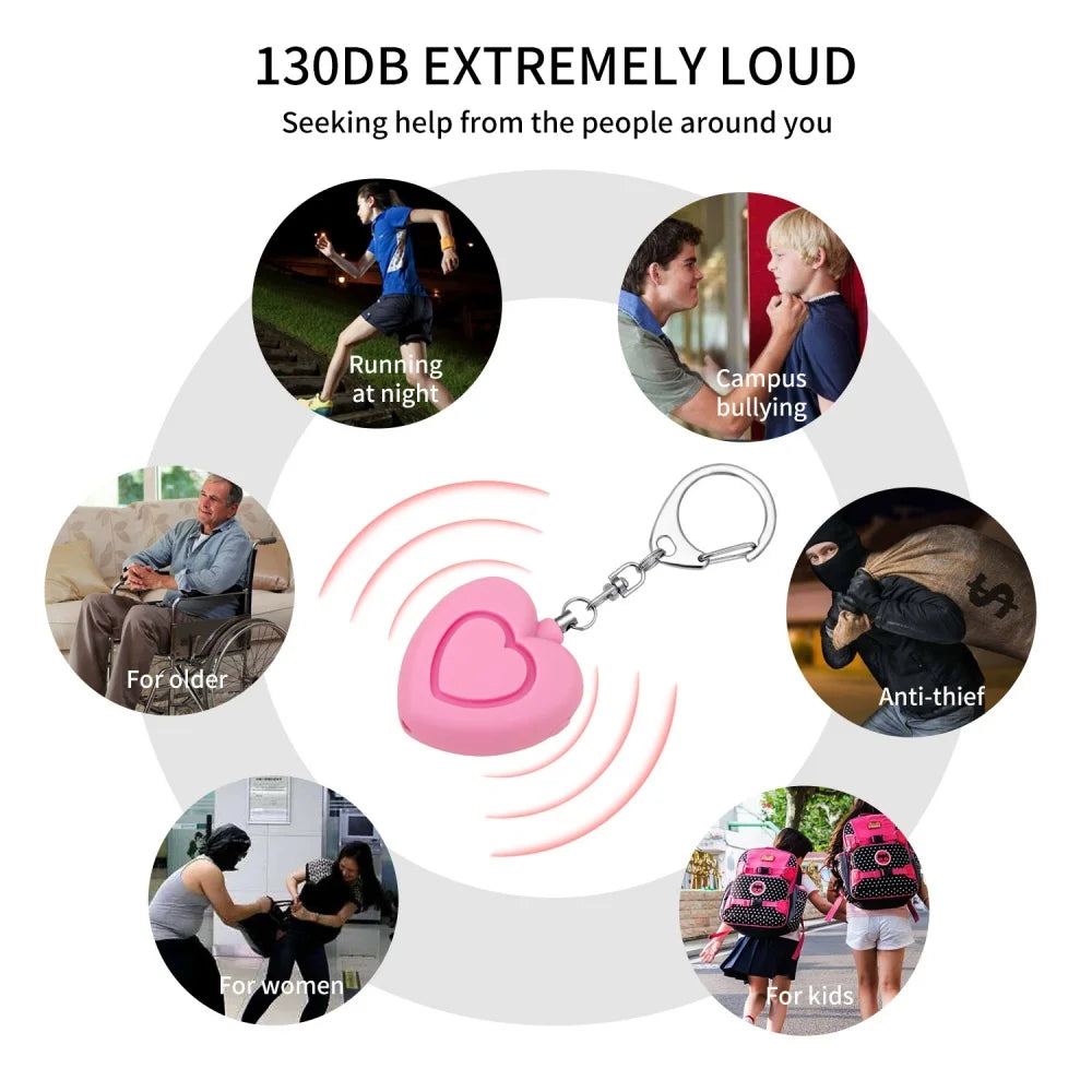 Security Defense Alarm 125dB LED Light Keychain Self Defense Emergency Safety Heart Shape Personal Security for Older Women