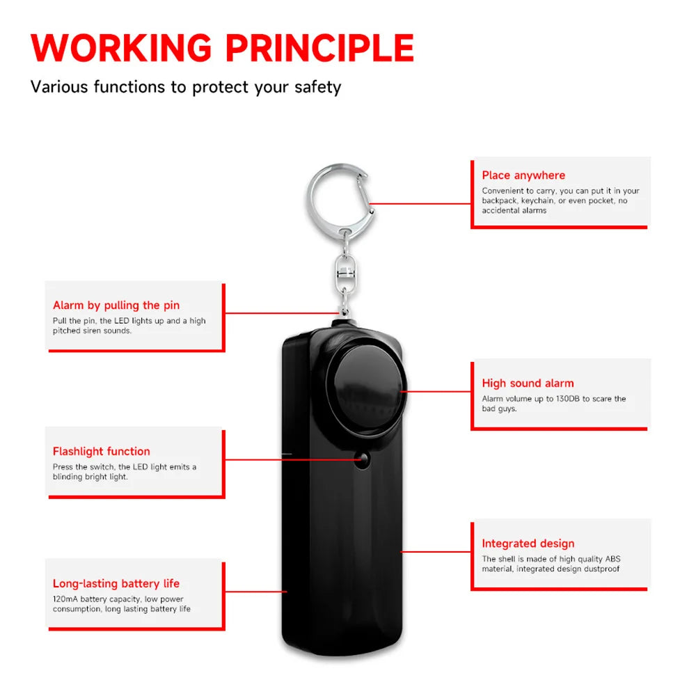 NEW Personal Safety Alarm 130dB with LED Light SOS Self Defense Safety Alarm keychain for Woman Security Protection
