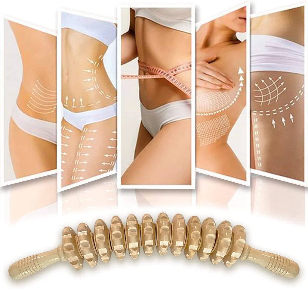 Body Fascia Massager Anti-slip Handle Wood Grooved Gear Arms Legs Thighs Buttocks Smooth Roller Massager for Back Relaxation