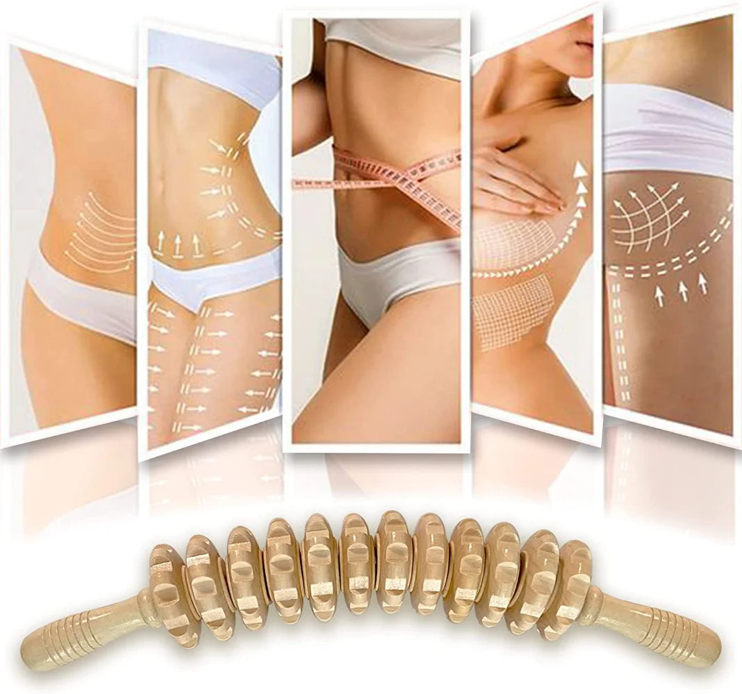 Body Fascia Massager Anti-slip Handle Wood Grooved Gear Arms Legs Thighs Buttocks Smooth Roller Massager for Back Relaxation