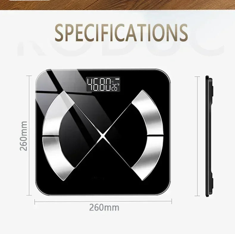 BMI Bluetooth Fat Scale Smart Digital Bathroom Weight Wireless Weight Scale USB Rechargeable Smartphone APP