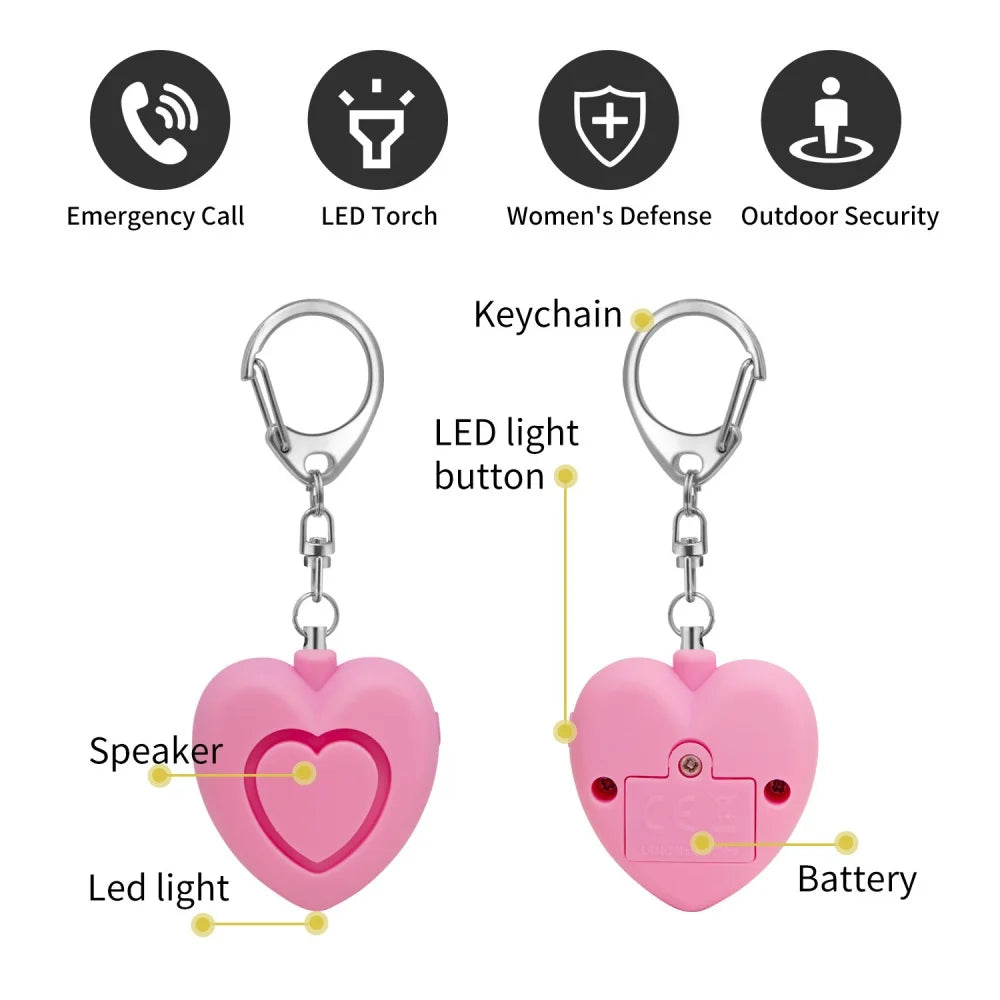 Security Defense Alarm 125dB LED Light Keychain Self Defense Emergency Safety Heart Shape Personal Security for Older Women